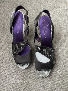 Poetic License Pewter Studded Open-Toe Heels with Purple Insoles